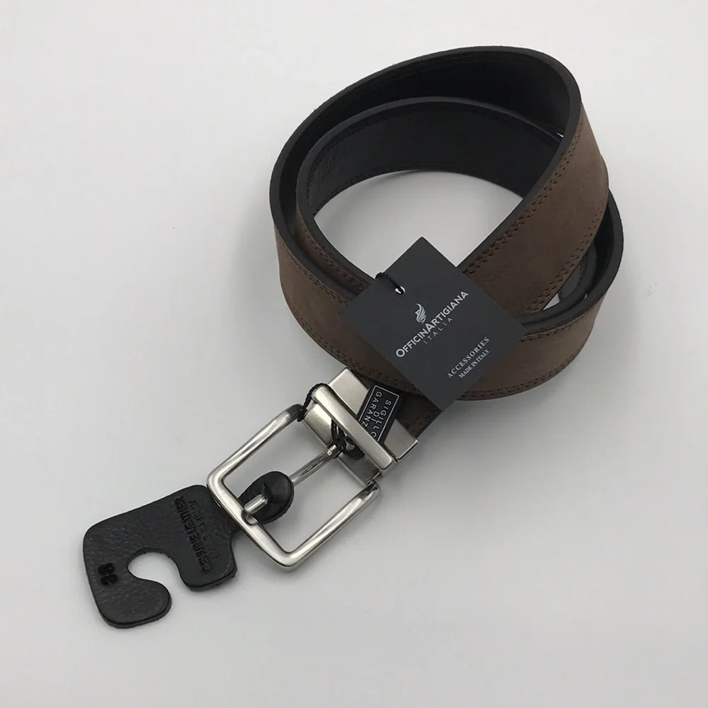 Officina Artigiana Nubuck Leather Brown Black Reversible Belt Made in Italy